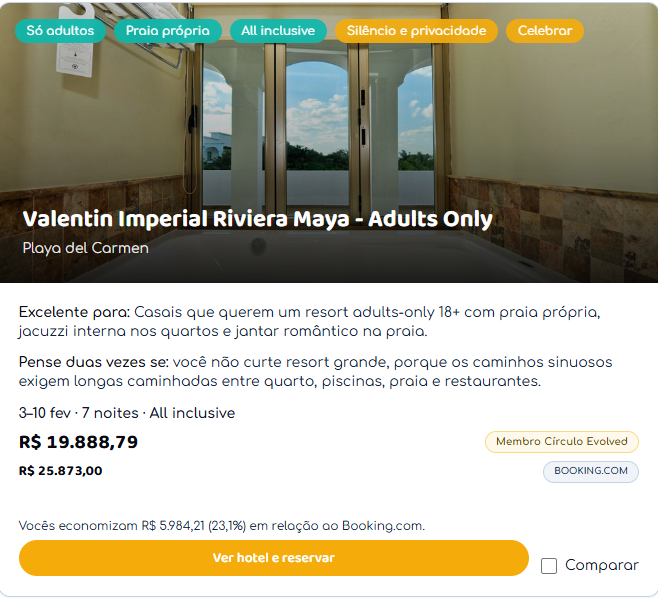 Círculo Evolved: Valentin Imperial Riviera Maya, de 3 a 10 de fevereiro, 7 noites, all inclusive, R$ 19.888,79.